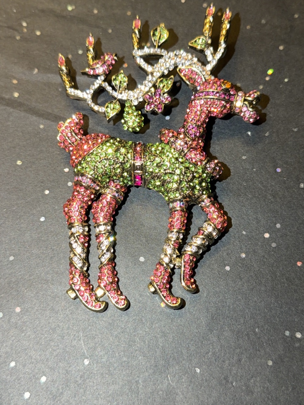 Heidi Daus Pink & Green Crystal Reindeer Brooch